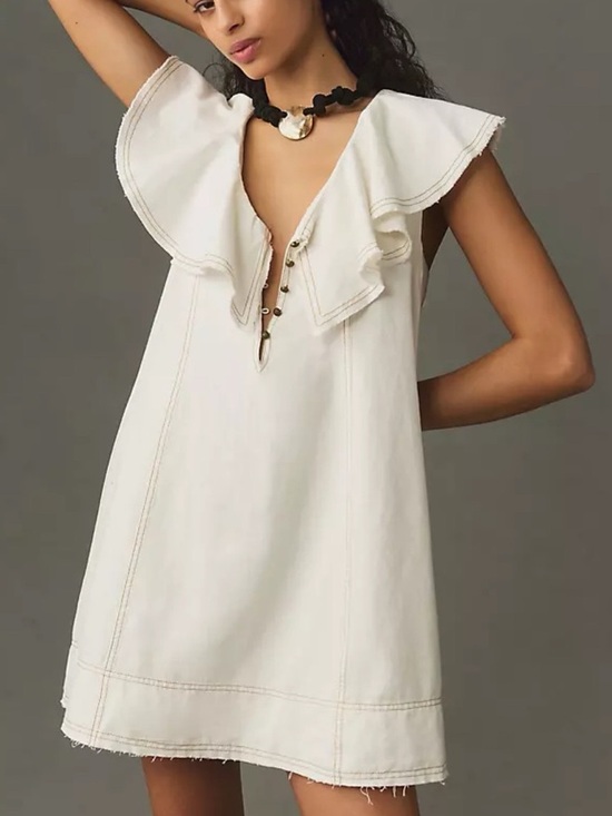 Anthropologie Dresses & Skirts - Anthropology Cream Ruffled V-Neck Sleeveless Mini Dress